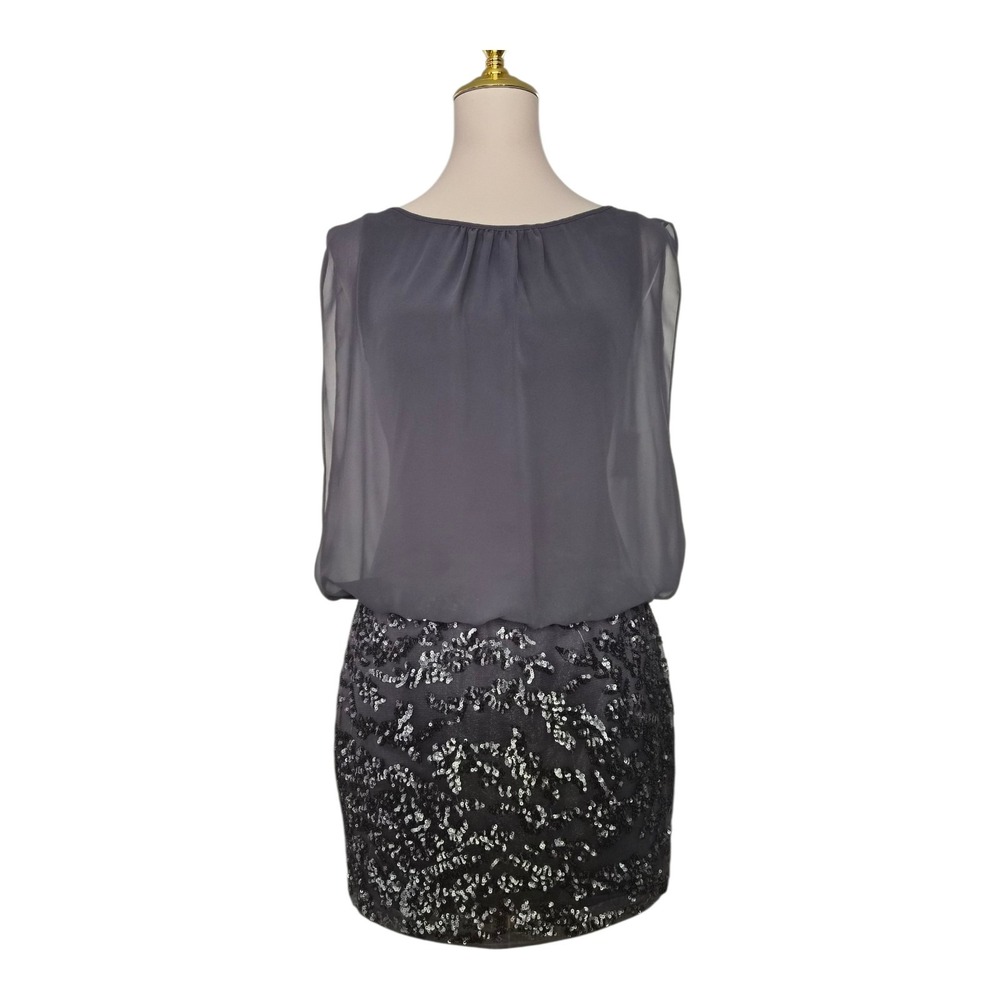 Aidan Mattox Gray Sequin Mini Dress Blouson Chiffon Overlay Cocktail Party Size0